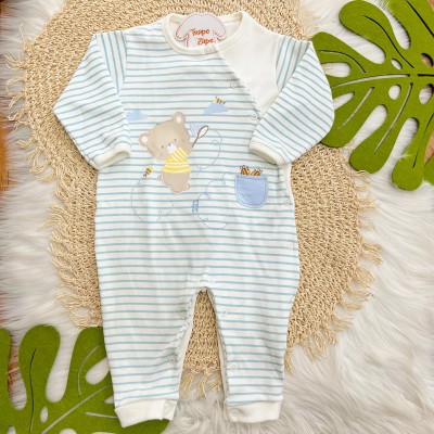  Macacão Trape Zape - Ursinhos com Abelhas - Off White com Listras Azul
